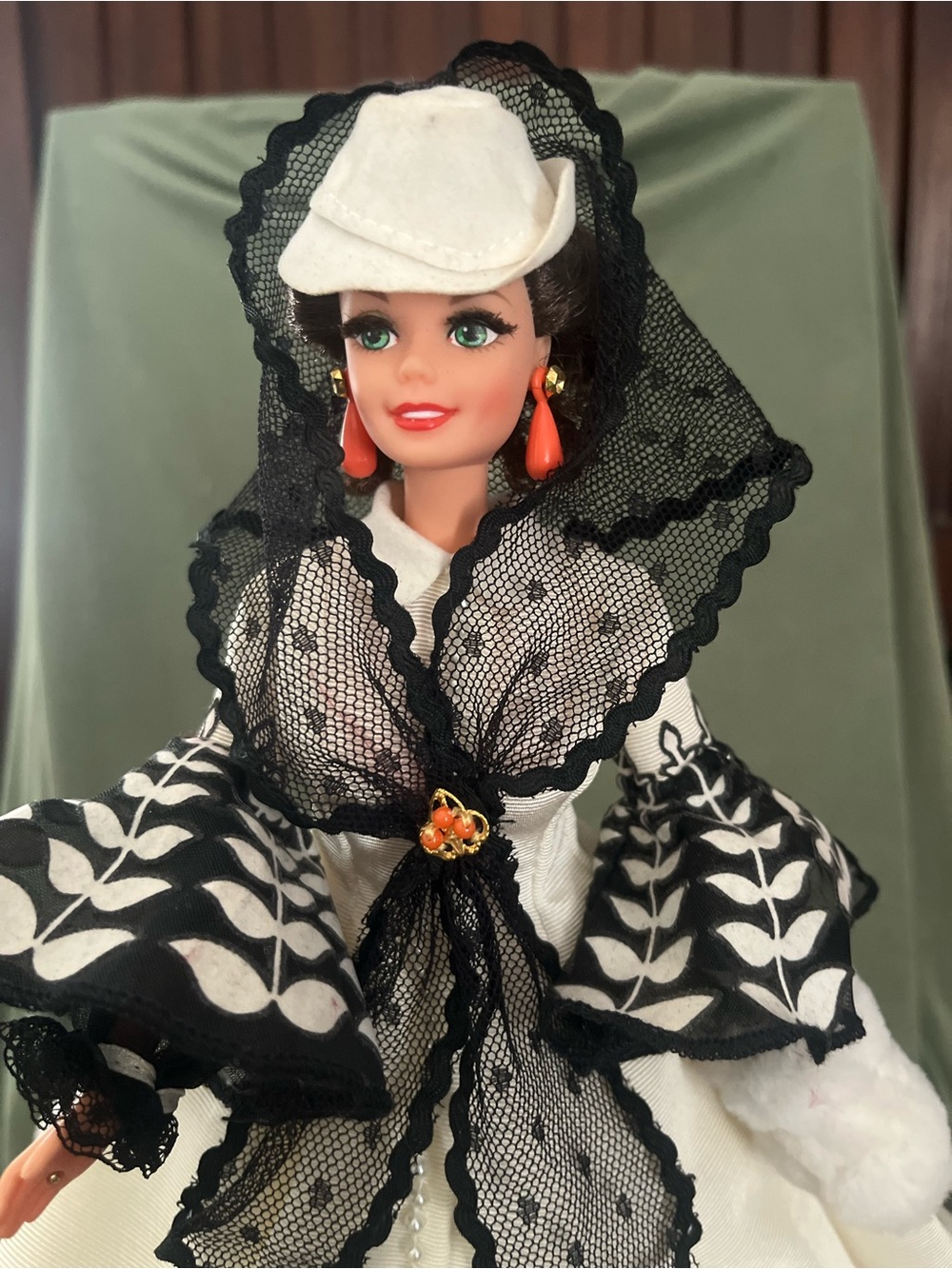 Black Lace Doll Mantilla Hat with Coral Accent Earrings